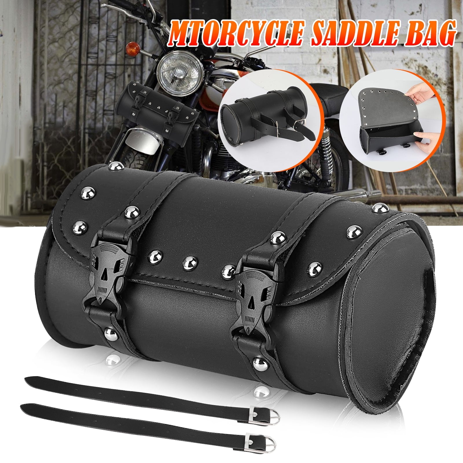 1PCS Black PU Leather Motorcycle 12" Front Rear Fork Tool Bag Luggage Saddle Bag 