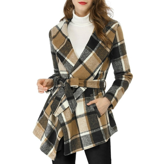 INSPIRE CHIC Women's Turn Down Collar Asymmetric Hem Plaids Thin Wrap Coat XL Brown