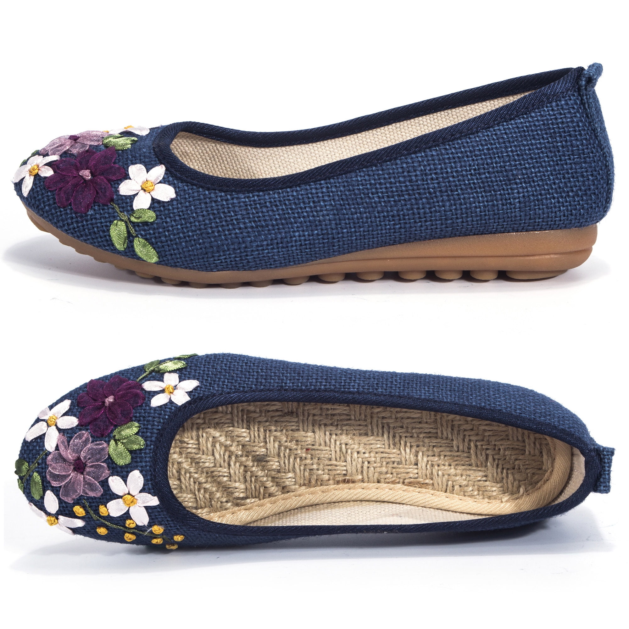 Women Fashion Flat Shoes Round Toe Handmade Floral Comfortable Slip On Casual Faux Leather Loafers