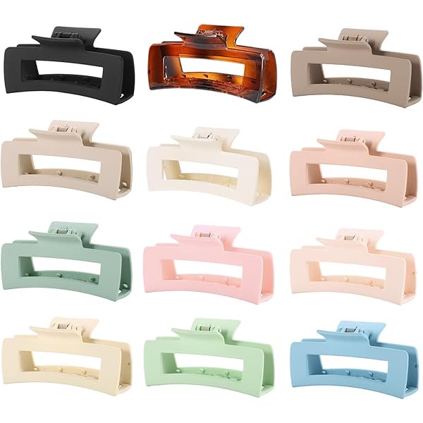 wonima44 12 Pack Large Black Square Hair Claw Clips for Women, 4.3 Inch Matte Rectangle Claw Clips, Strong Hold & Non-Slip for Thick or Thin Hair