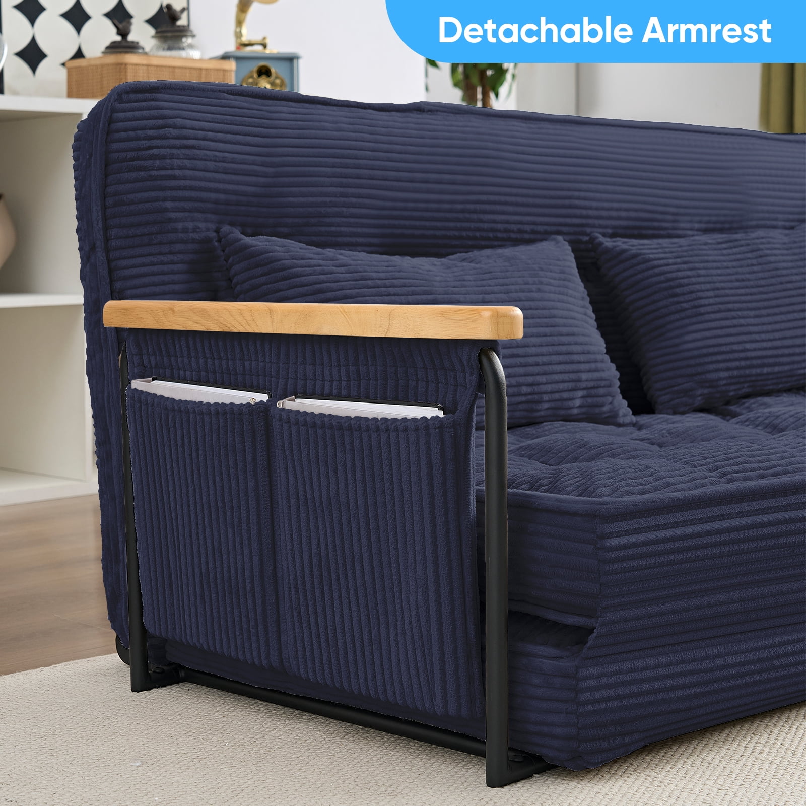 BALUS Futon Sofa Bed, 4-in-1 Corduroy Floor Couch Bed with Folding Mattress, Convertible Sleeper Sofa for Living Room, Blue