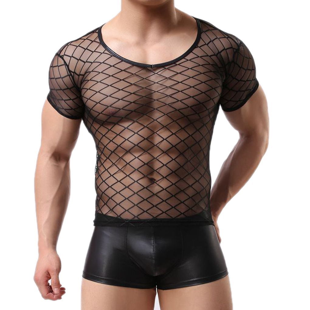 Men/'s See Through Mesh T-Shirt Underwear Sheer Wear Transparent Undershirt M-XL