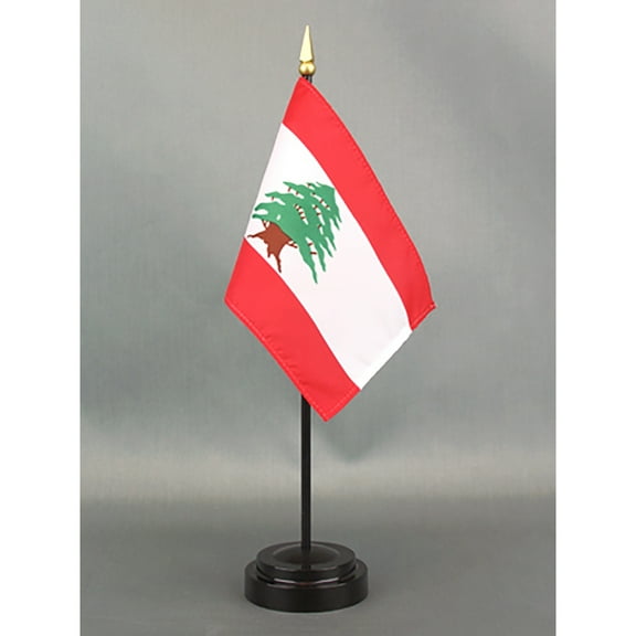 Made in The USA. 2 Lebanon Rayon 4"x6" Miniature Office Desk & Little Hand Waving Table Flags Includes 2 Flag Stands & 2 Small Mini Lebanese Stick Flags, Also Includes Lebanon Flag Lapel Pin.