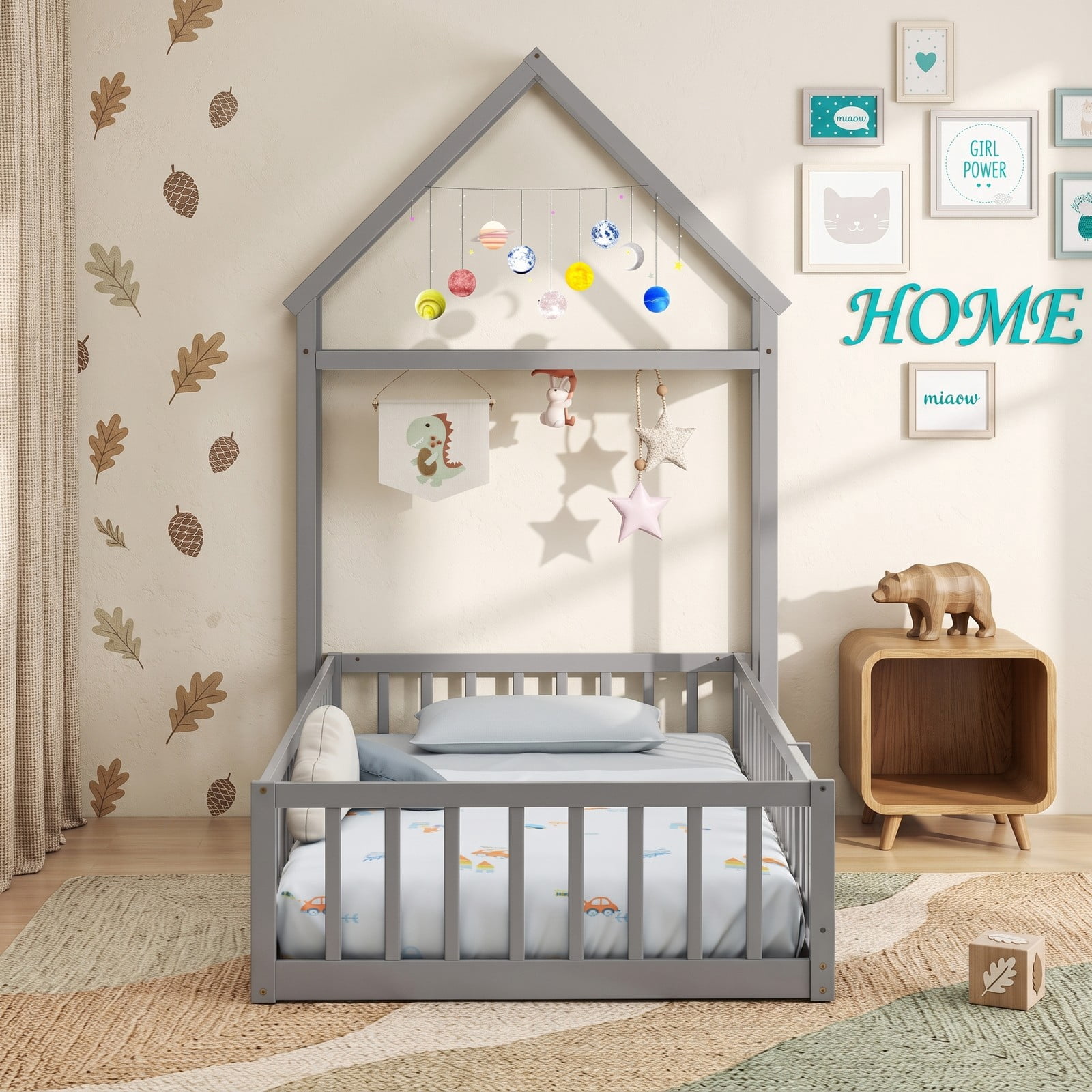 Furnibear Full Size House Floor Bed, Montessori Floor Bed with House-Shaped Frame and Full-Length Fence Guardrails for Kids Room, Gray