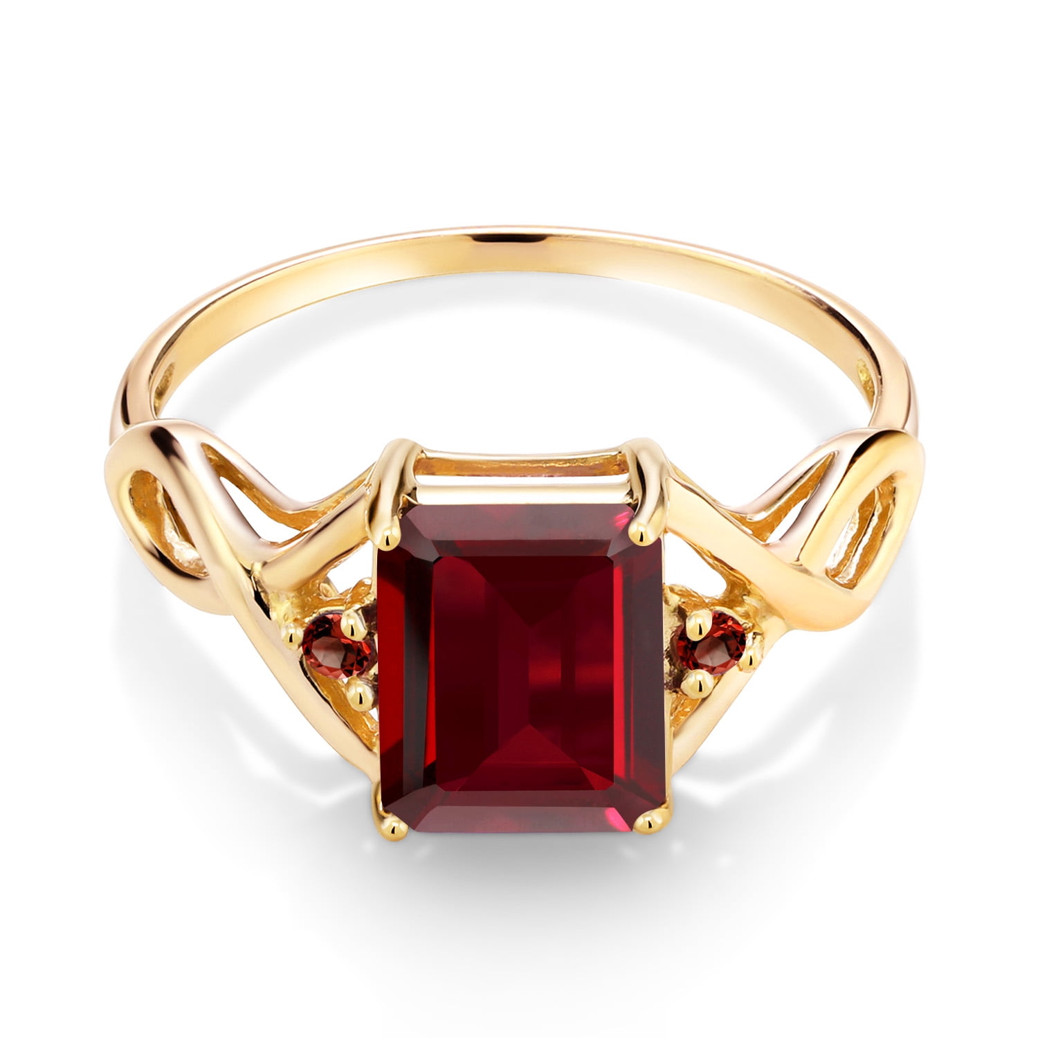 Gem Stone King 2.65 Cttw Red Garnet 18K Yellow Gold Plated Silver 3-Stone Ring for Women | 9X7MM Emerald Cut and 2MM Round | Wedding Engagement Anniversary Promise Ring for Women | Size 8