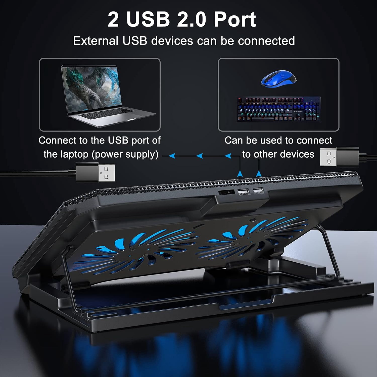Laptop Cooling Pad with Adjustable Height Two 5.1 Inches Fan 2 USB Ports Suitable for 12"-15.6" Laptops