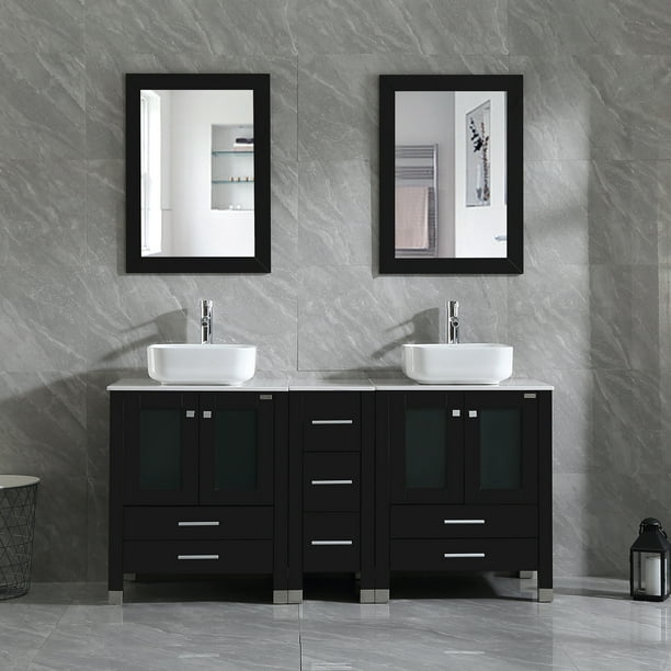 Wonline 60 inches Bathroom Vanity Wood Cabinet Double White Ceramic ...