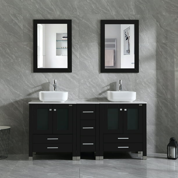 60 inches Bathroom Vanity Wood Double White Ceramic Vessel Sink Square Modern