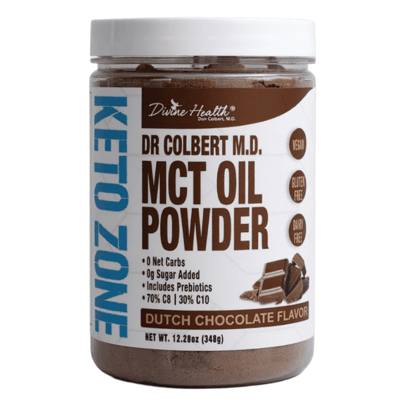 Dr. Colbert's Keto Zone MCT Oil Powder | Dutch Chocolate Flavor | by Divine Health | Keto Zone | 70% C8 | 30% C10 | 0 Net Carbs | Gluten Free | 30 Day Supply | 348g |