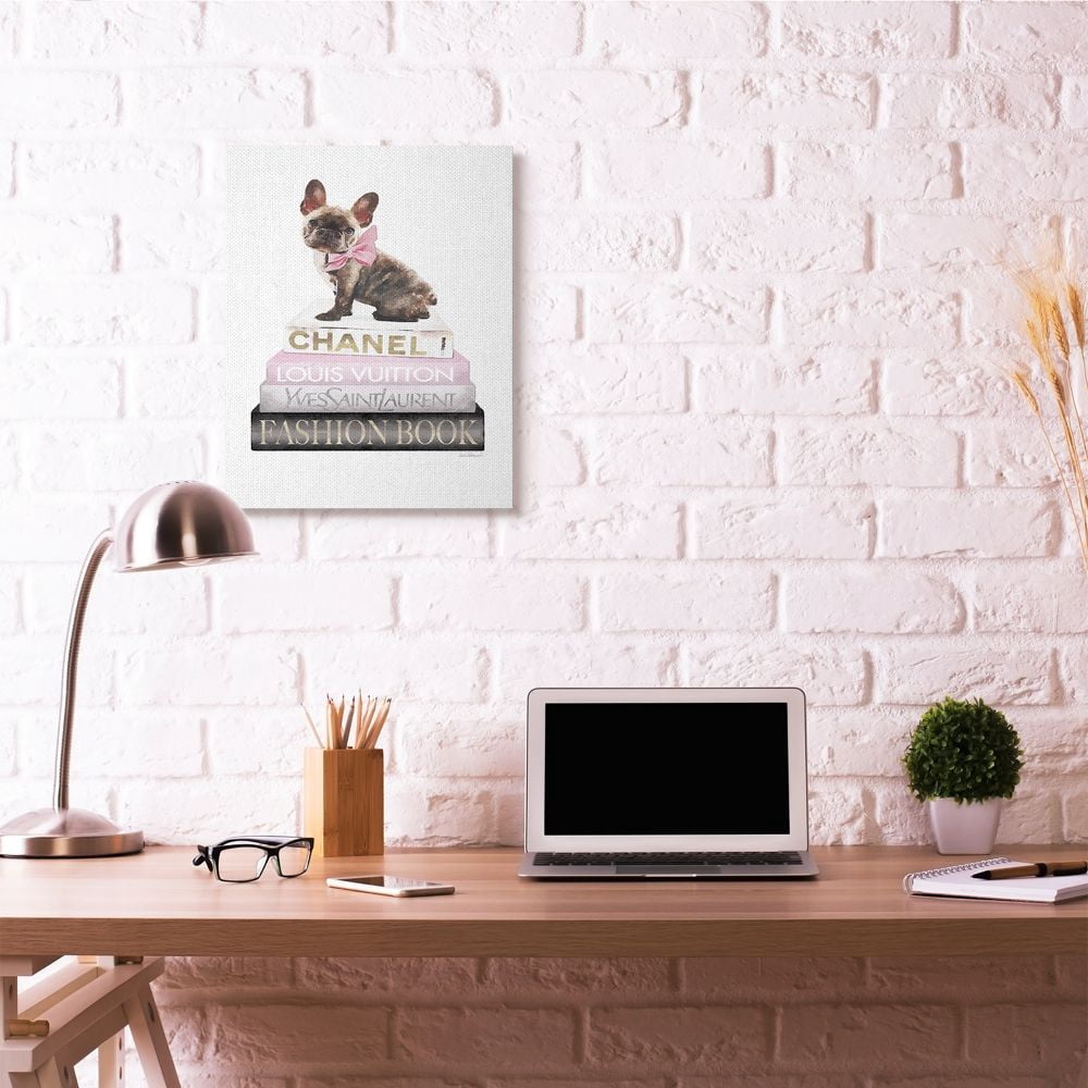 Stupell Industries Pink Bow Dog Gold Black Bookstack Glam Fashion Pet Design Canvas Wall Art by Amanda Greenwood