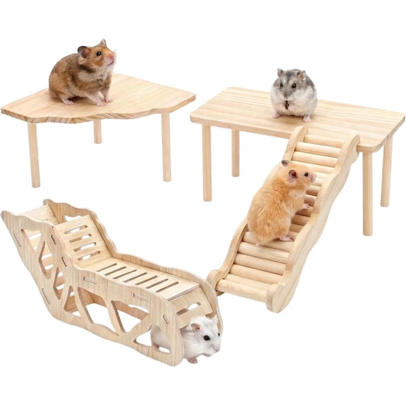 4PCS Hamster Cage Accessories Set, Wooden Hamster Platform Tunnel Ladder Hideout, Small Animal Climbing Toys & Play House for Dwarf Hamsters, Gerbils, Mice, Syrian Hamsters, Degus