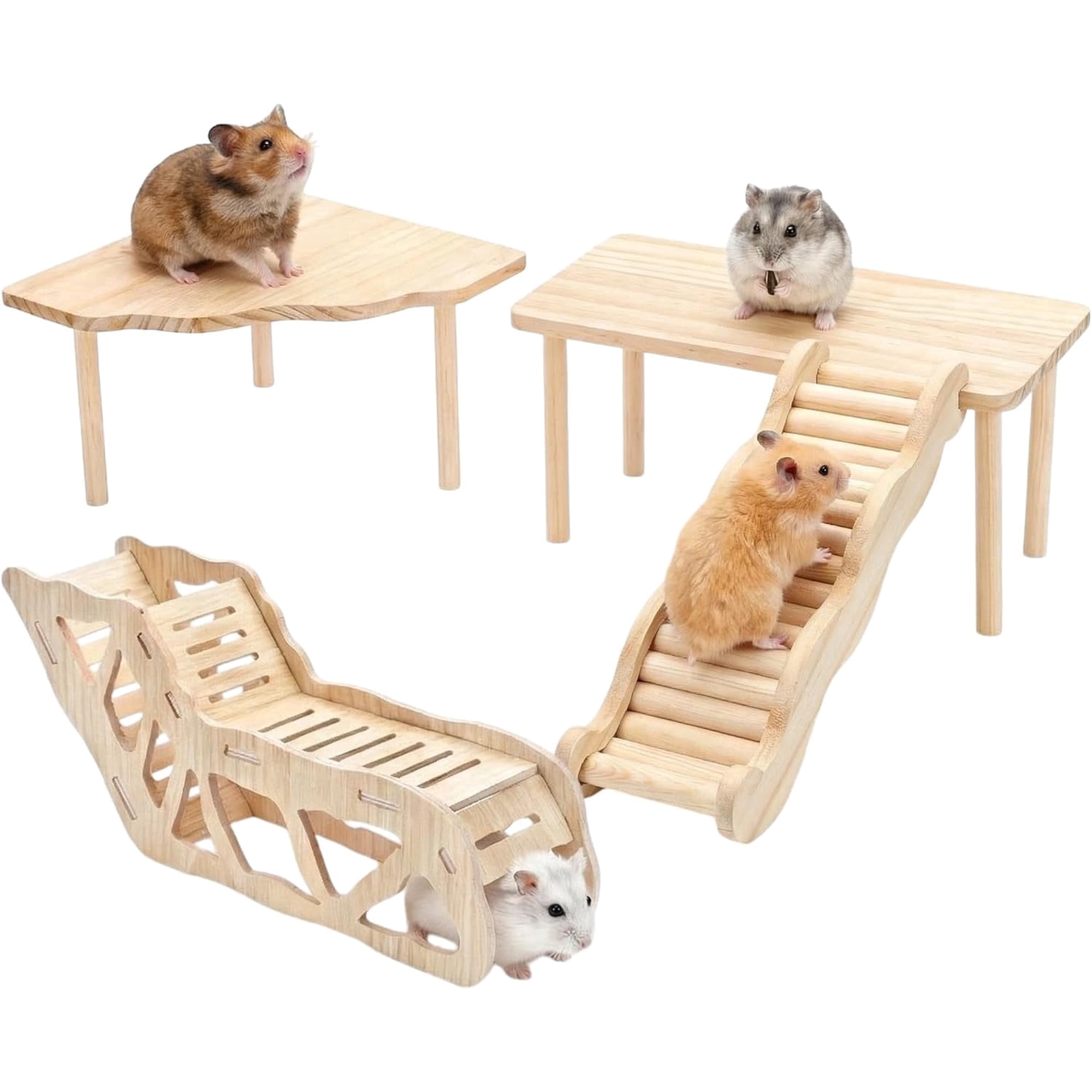 4PCS Hamster Cage Accessories Set, Wooden Hamster Platform Tunnel Ladder Hideout, Small Animal Climbing Toys & Play House for Dwarf Hamsters, Gerbils, Mice, Syrian Hamsters, Degus