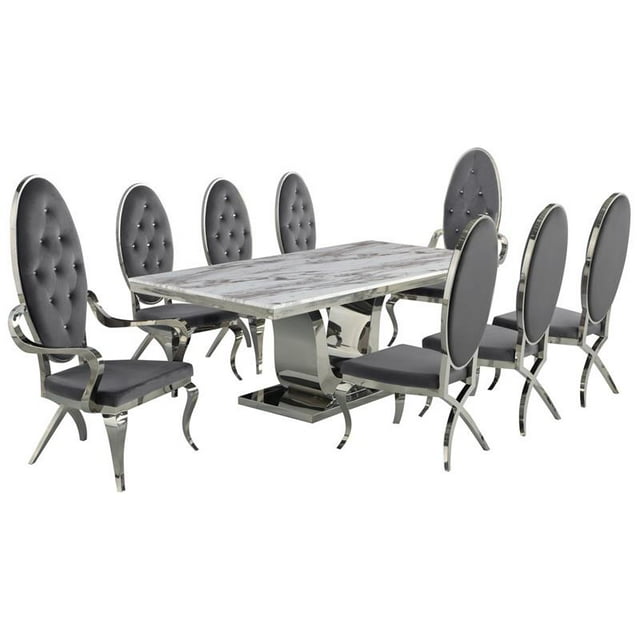 Marble Mixed Dining Set with Silver Stainless Steel and Gray Velvet Chairs