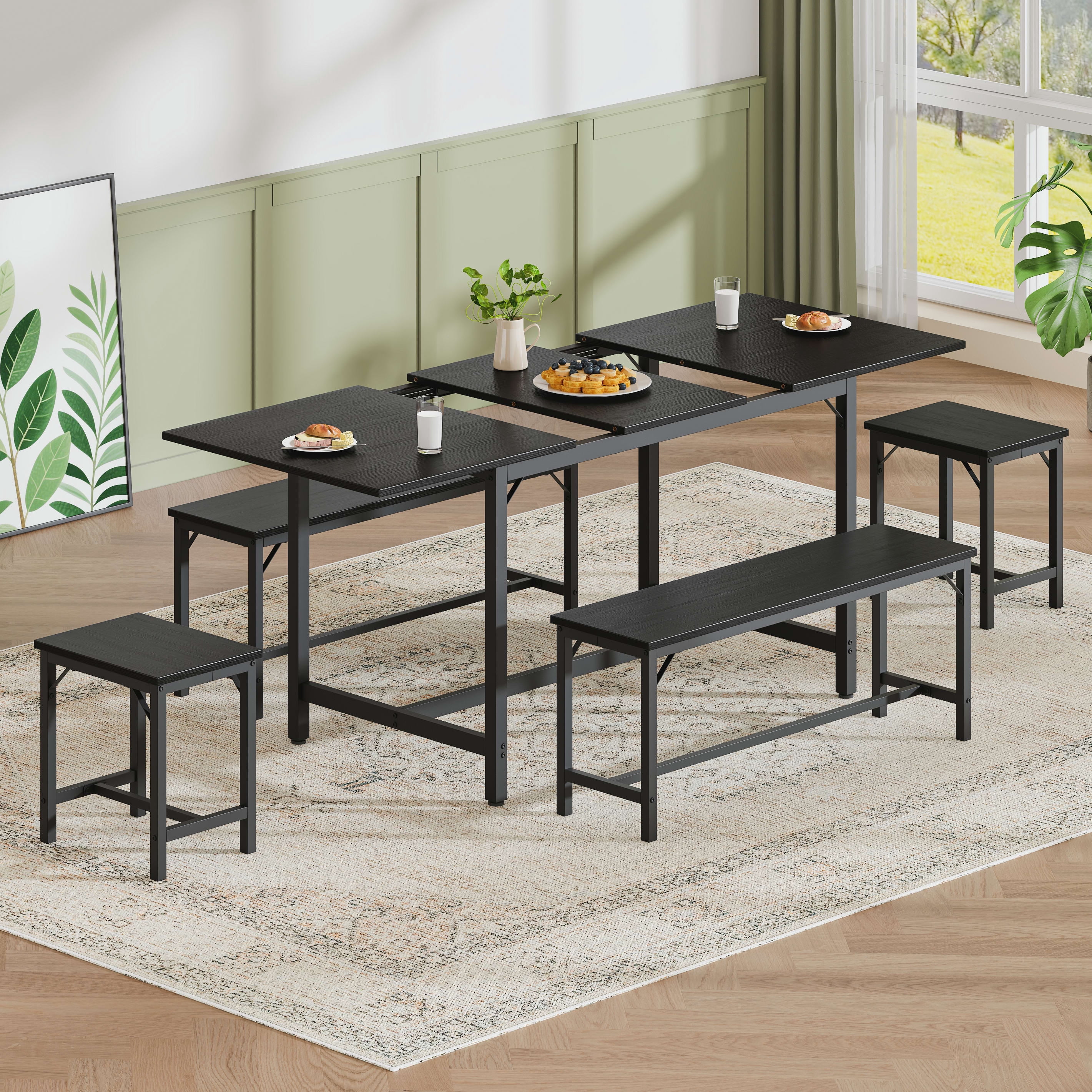 Aukfa 63" Extendable Dining Table Set for 4-8, 3-Piece Kitchen Table Set with 2 Benches & 2 Stools, Space Saving Wood Table & Metal Frame,Black