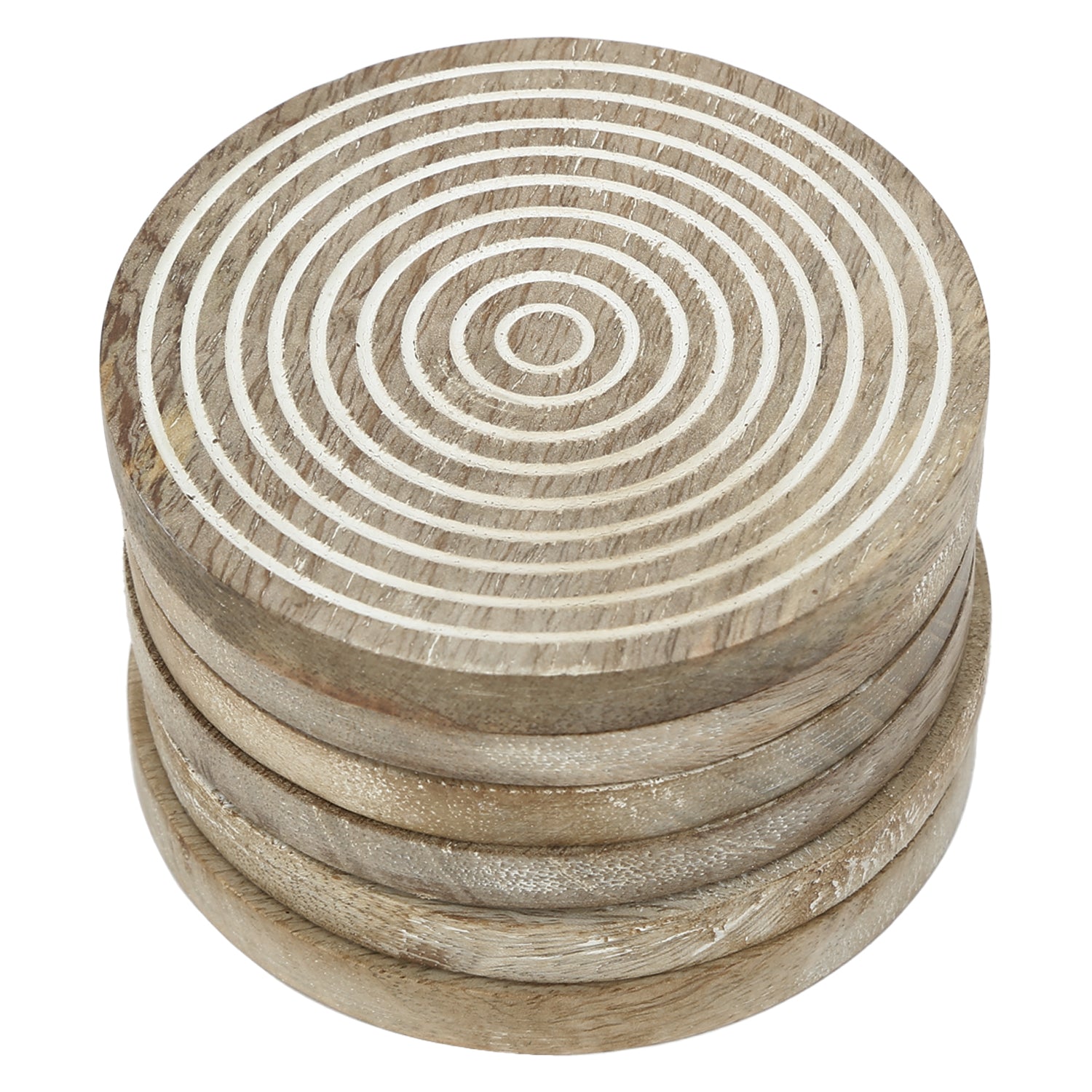 Savon Round Wooden White Coaster Set of 6 with Stand Rustic