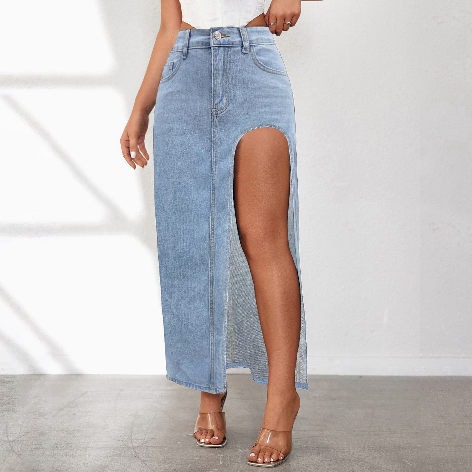 Bmisegm Women Fashionable Design High Slit Spring and Summer Washed Solid Color Mid Length Skirt Denim Skirt Y2K Jeans for Women Light Blue XXL Walmart