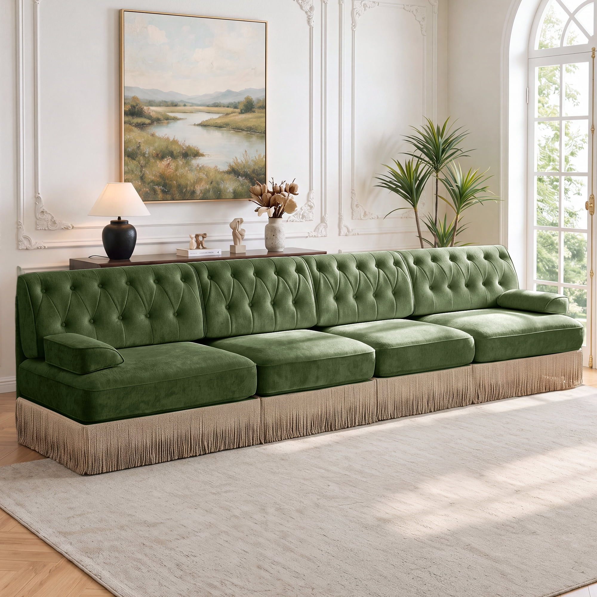 135" Velvet Fabric 4-Seater Sofa with Tassel Fringe Skirt and Button Tufted Design, Easy to Assemble