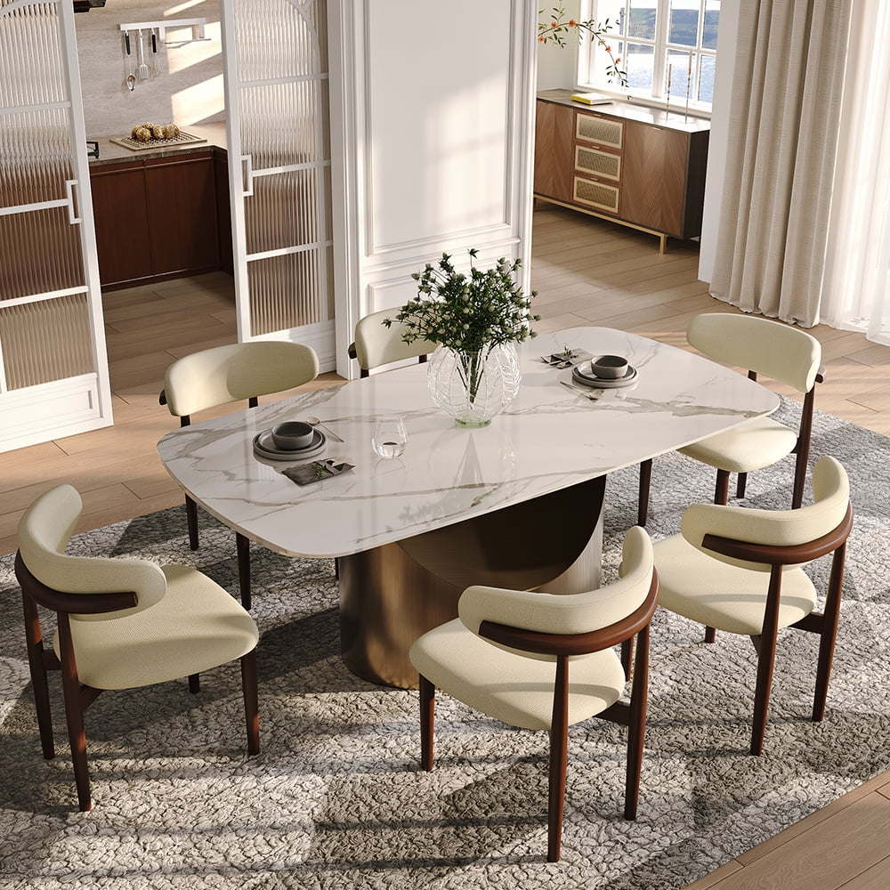 POVISON 71"-95"Extendable Hobart Modern Dining Table for 6-10, White Rectangular Glossy Sintered Stone Tabletop for Dining Room, Bronze Carbon Steel Leg