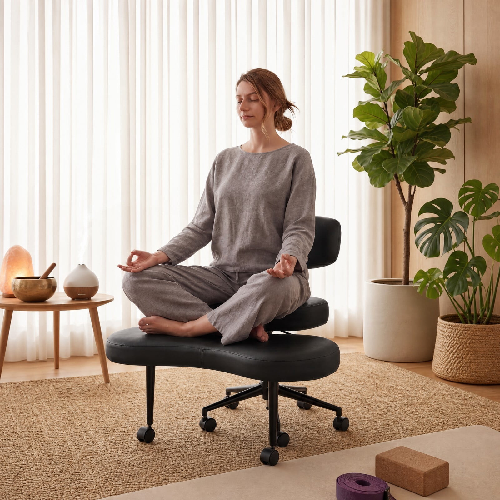 Kelno Cross Legged Meditation Chair with 360° Swivel Footrest Adjustable Backrest Ergonomic PU Leather Office Chair, Black