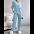 thumbnail image 4 of Conjunto de Pijama de Dos Piezas de Punto Acanalado para Mujer: Suéter de Larga y Pantalón . Azul M, 4 of 9