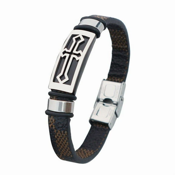 JO WISDOM Men's Retro Minimalist Handmade PU Woven Stainless Steel Men's Bracelet Cross Sitanium Steel Bracelet