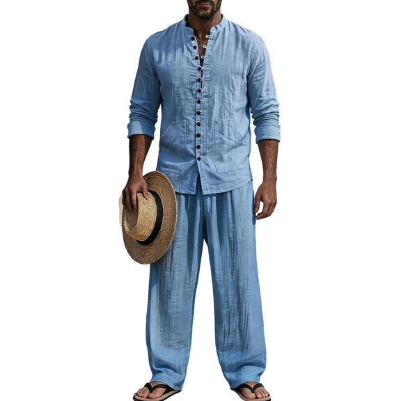 Men's 2 Piece Linen Set, Long Sleeve Button Down Shirt & Wide Leg Pants, Casual Beach Vacation Matching Outfit