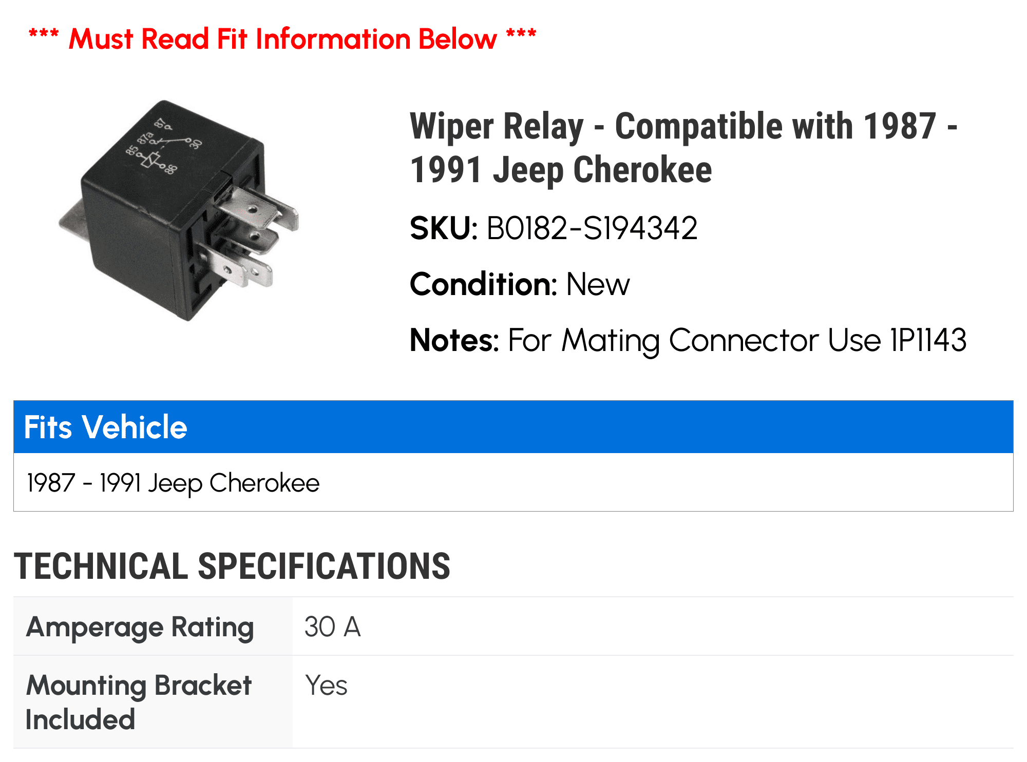 Wiper Relay - Compatible with 1987 - 1991 Jeep Cherokee 1988 1989 1990