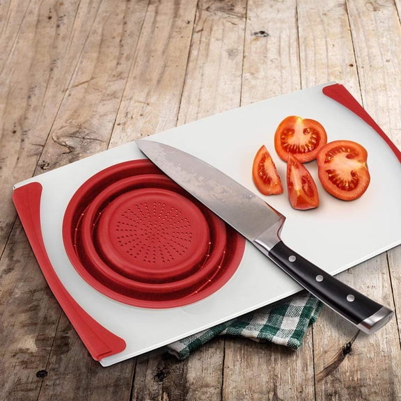 Domestify Plastic over-The-Sink Cutting Board Removable Collapsible Strainer - Red -19.5"x11.5"