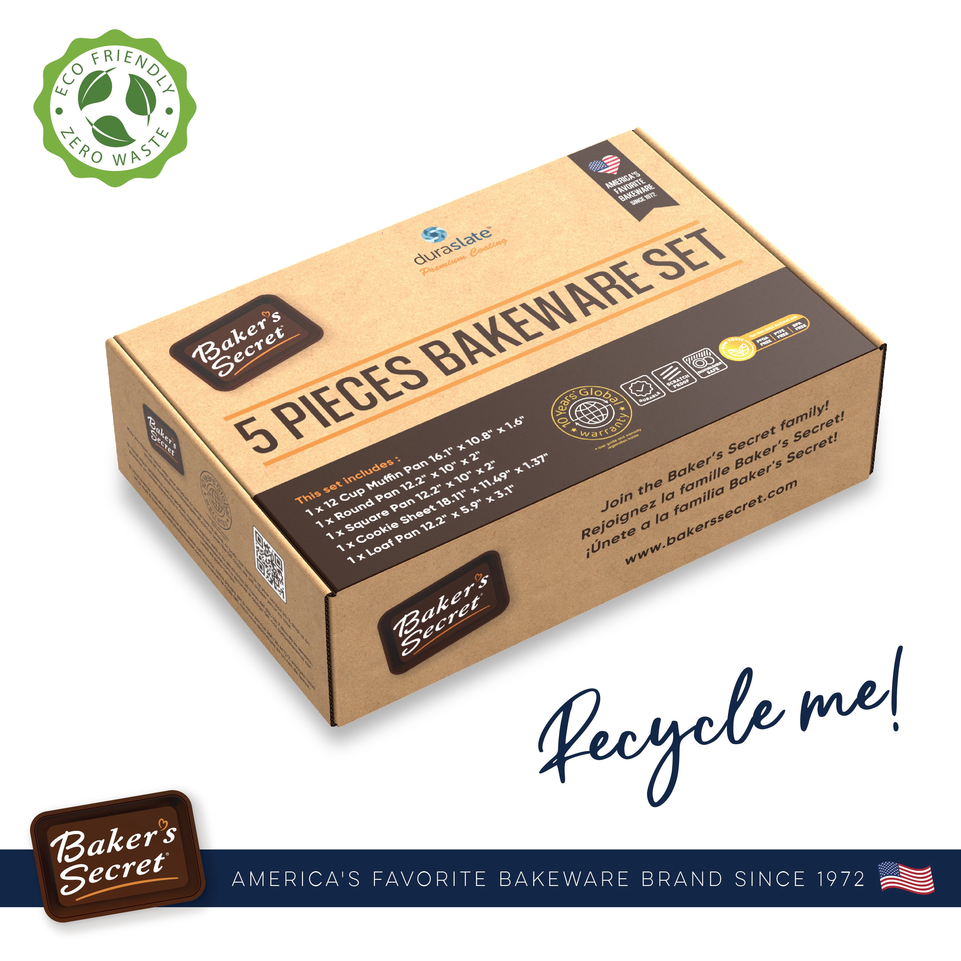 Baker's Secret Bakeware sets - 5x Bakeware Pans -Baking Dishes for Oven, Nonstick, with Cookie Sheet, 12cup Muffin pan, Loaf pan, Cake round and square pan, Non stick baking pans sets for all bakers