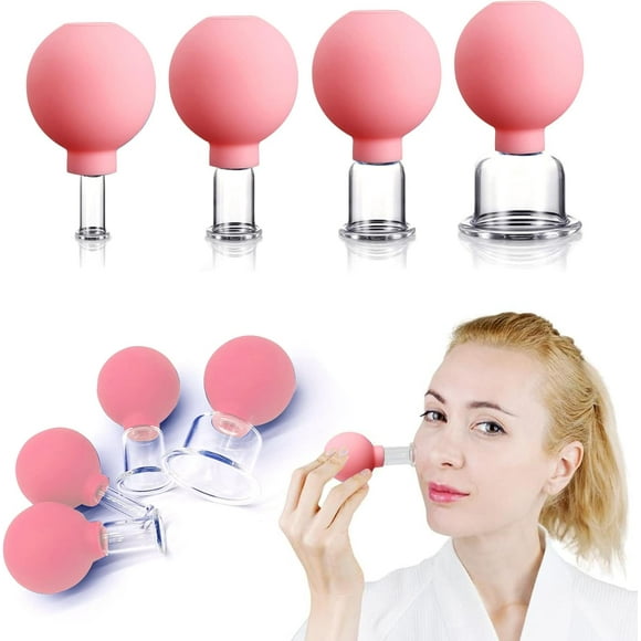 4 PCS Glass Facial Cupping Set | Silicone Vacuum Suction | Cupping Massage Therapy | A Kit For Anti Cellulite, Anti Wrinkle and Instantly Ageless Skin | For Eyes, Face and Body(Pink)