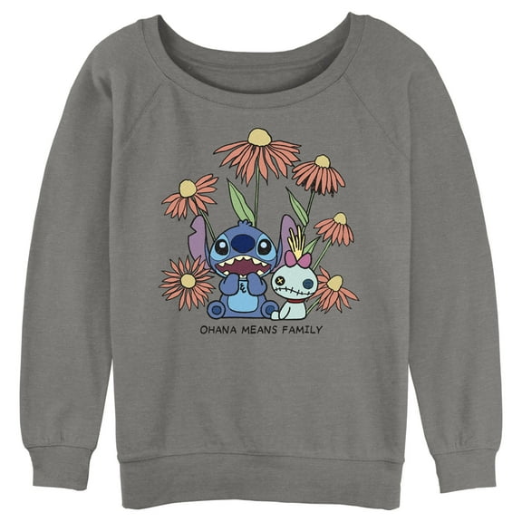 Junior's Lilo & Stitch Floral Scrump and Stitch Sweatshirt Gray Heather Large