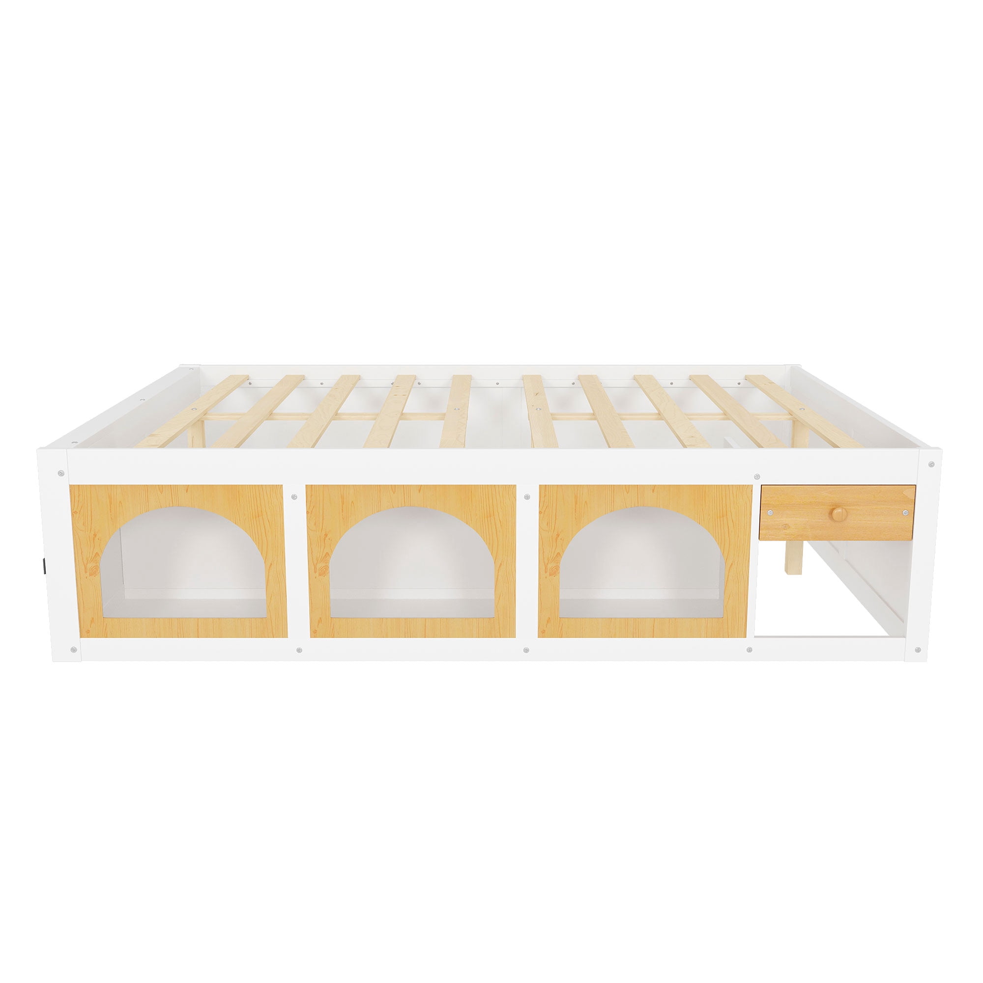Mintazer Modern Queen Size Bed with Bookshelf and 3 Open Cubbies & Drawer, Platform Bed Frame with LED Light for Kids Bedroom, Natural & White