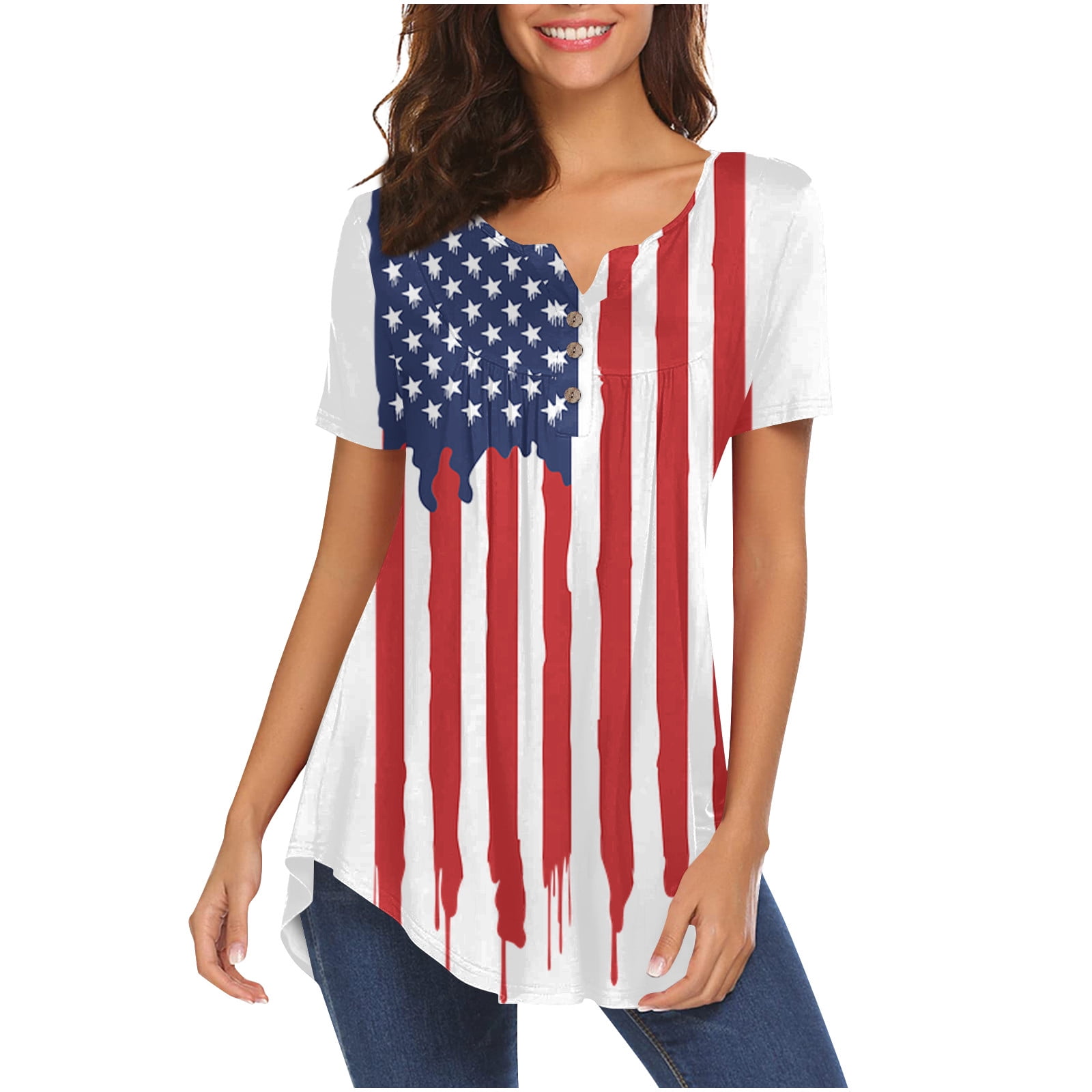 RPVATI Women Casual V Neck Plus Size Independence Day Printed Henley ...