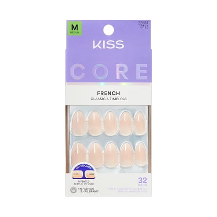 KISS CORE French Tip Press On Nails Almond, ‘Burble’, White, Medium Length, 32 Count