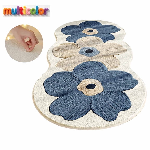 FEOLGEHLY Floral Cute Area Rug Irregular Scalloped Rug Blue Flower Shaped Indoor Play Mat Bedroom Floor Carpet Non Slip Washable Rug for Room Living Room Entryway(16x47")