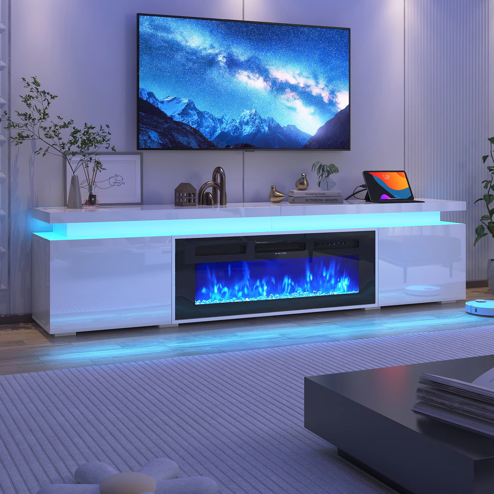 Fireplace TV Stand for 70" 75" 80" with LED Light & Outlets, 70" Large Entertainment Center Gaming Soundbar Shelf with 40'' Electric Fireplace