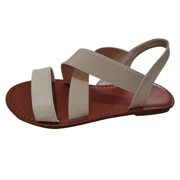 Xfvqtps Flat Sandals for Women Cross Elastic Straps Slip on Open Toe Solid Color Comfortable Non Slip Breathable Beach Summer Leather Sandals Beige