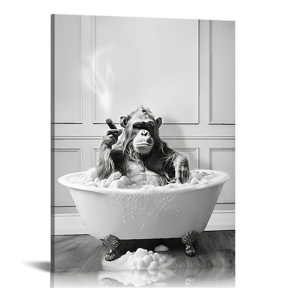 Framed Bathroom Decor Wall Art, Chimpanzee in Bathtub, Black and White Wall Art, Funny Bathroom Wall Decor Signs, Cute Animal Art Home Decor