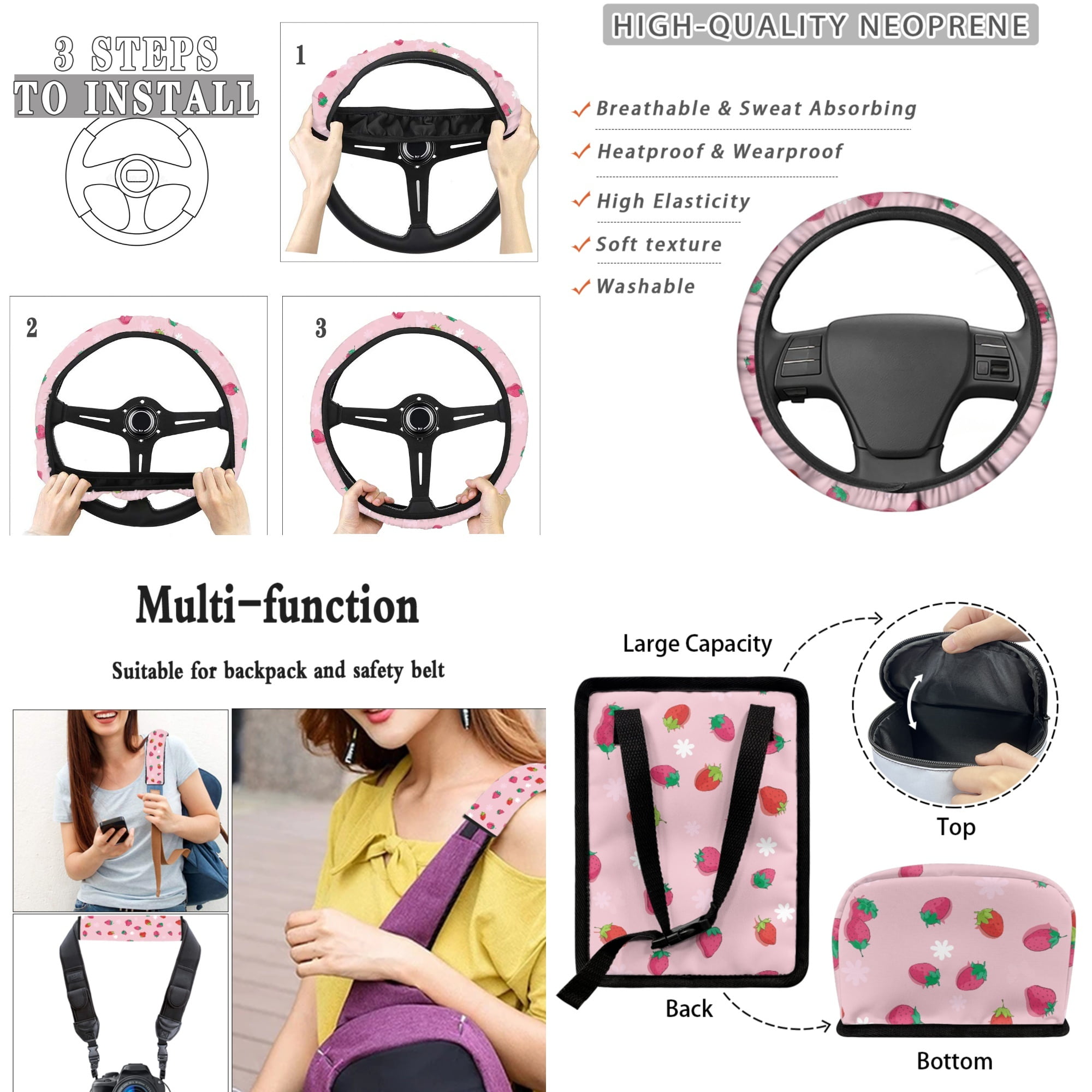Yuyamidu Strawberry Car Seat Cover for Women Girls Pink Steering Wheel Cover Seat Belt Strap Pad Trash Bag Hanging Storage Bag Rearview Mirror Accessory Cup Holder Key Chain 15 Pieces