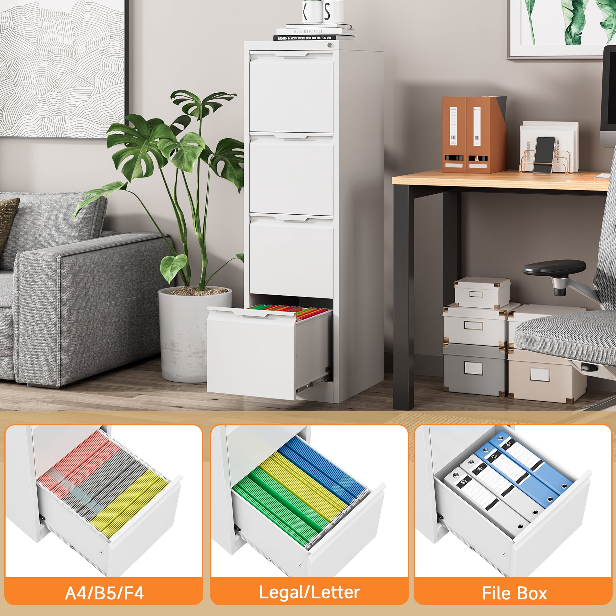 Metal File Cabinet with Lock, 4 Drawer Filing Cabinet Office, Locking Vertical Filing Cabinet for A4/F4/Lagel/Letter Assembly Required (White, 4 Drawer)
