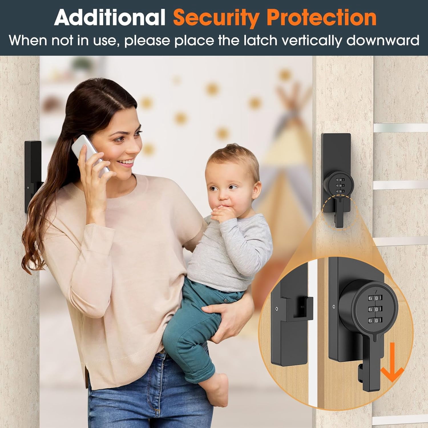 ABCISI Password 180 Degree Barn Door Latch, Keyless Adhesive Flip Latch, Sliding Door Latch with 3-Digit Combination, Cabinet Lock with Glue and Screws for Gate,Shed, Bedroom, Closet (1, Black)