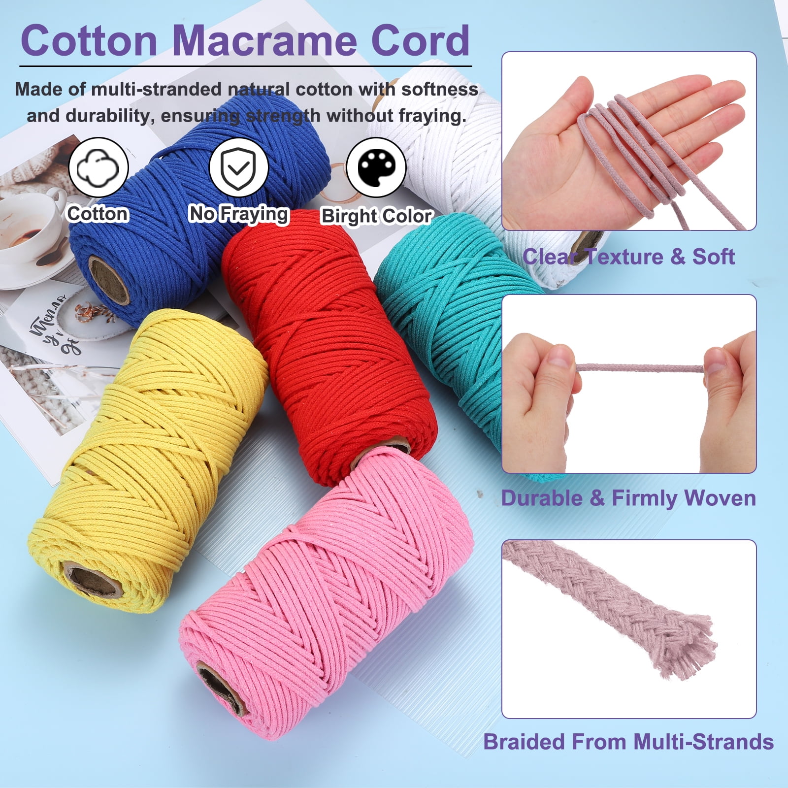 Braided Macrame Cord, 4mm x 109 Yards Natural Cotton Rope Macrame Yarn Bohemia Craft String with Scissors(Light Pink)