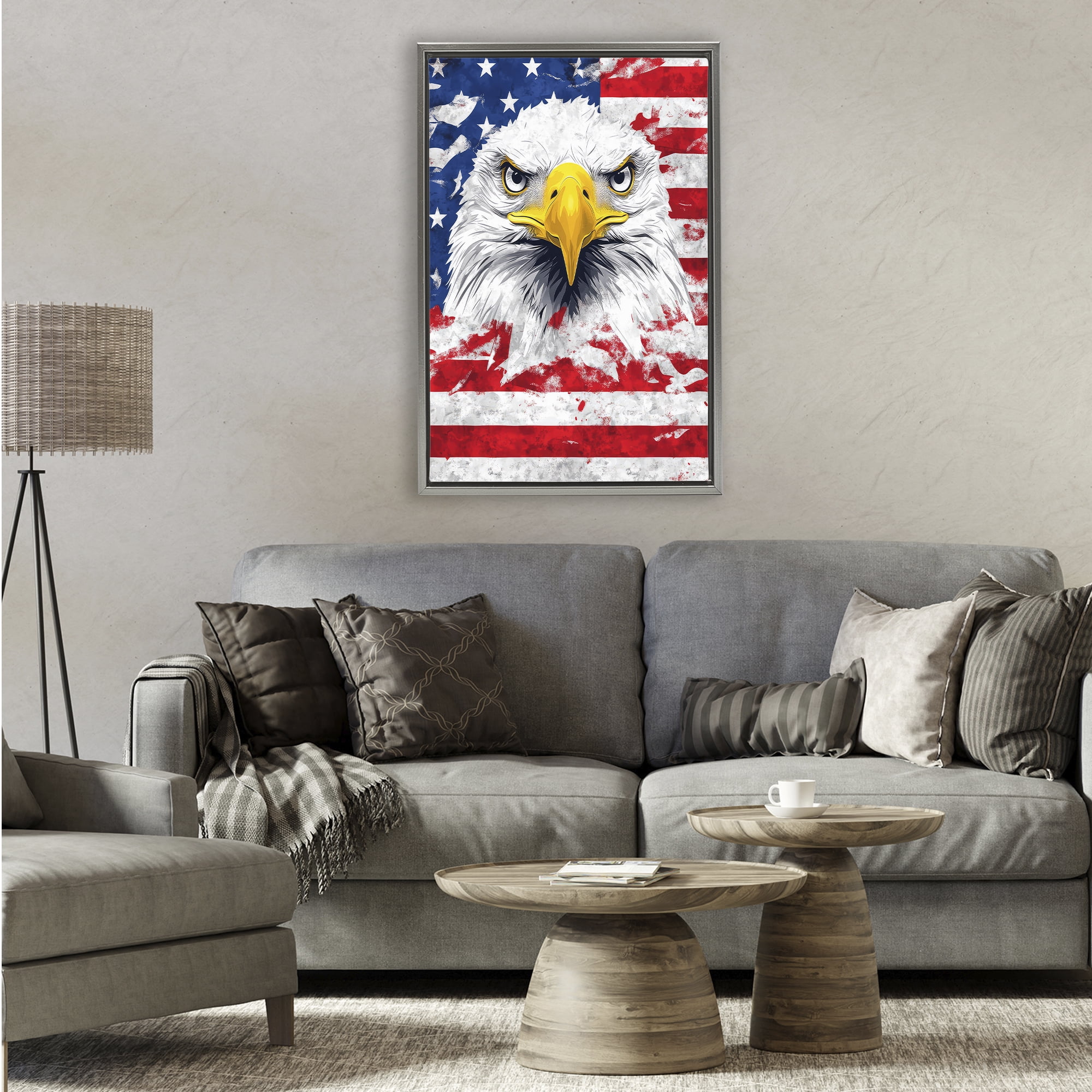 Stupell Industries Patriotic Bald Eagle Flag Gray Framed Floater Canvas Wall Art, design by The Wands Want