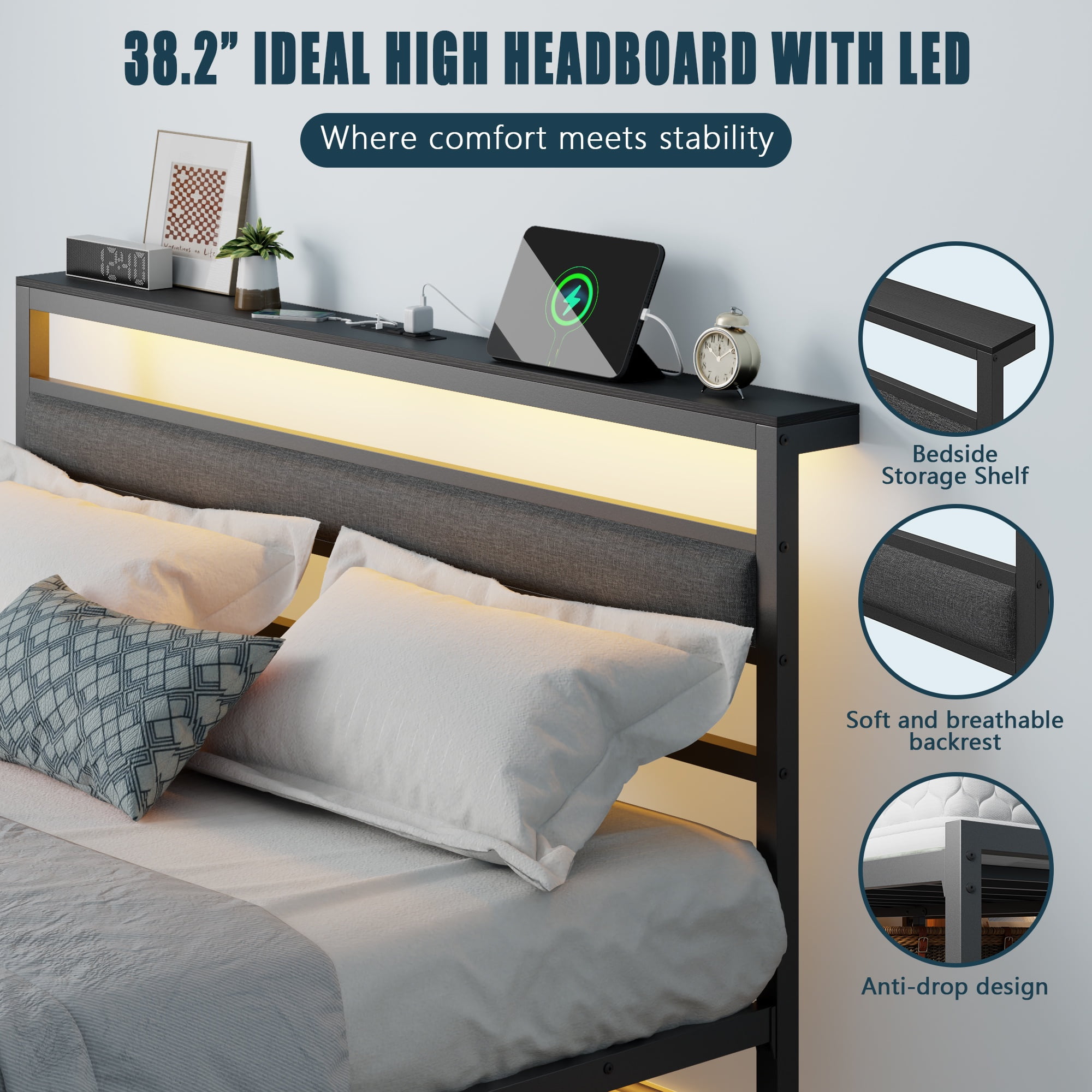 Satifur Queen Size Bed Frame with Upholstered Headboard & Shelf, LED Lights & USB Charging Station, Metal Black
