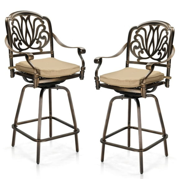 Tcbosik 2 Pack Swivel Bar Stools, Indoor & Outdoor Cast Aluminum Bar Height Chair with Cushion, All-Weather Patio Furniture for Backyard, Poolside, Deck, Garden, Bronze