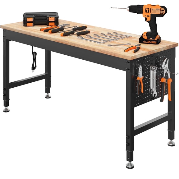 CAMMOO 60" Adjustable Heavy Duty Workbench, 2000 lbs Load Work Table with Pegboard, Power Outlets, Work Bench for Garage, Office, Home