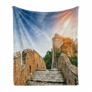 View Soft Flannel Fleece Throw Blanket, Dynasty Monument on Cliffs Historical Countryside Art Design, Cozy Plush for Indoor and Outdoor Use, 50" x 70", Grey Blue, by Ambesonne