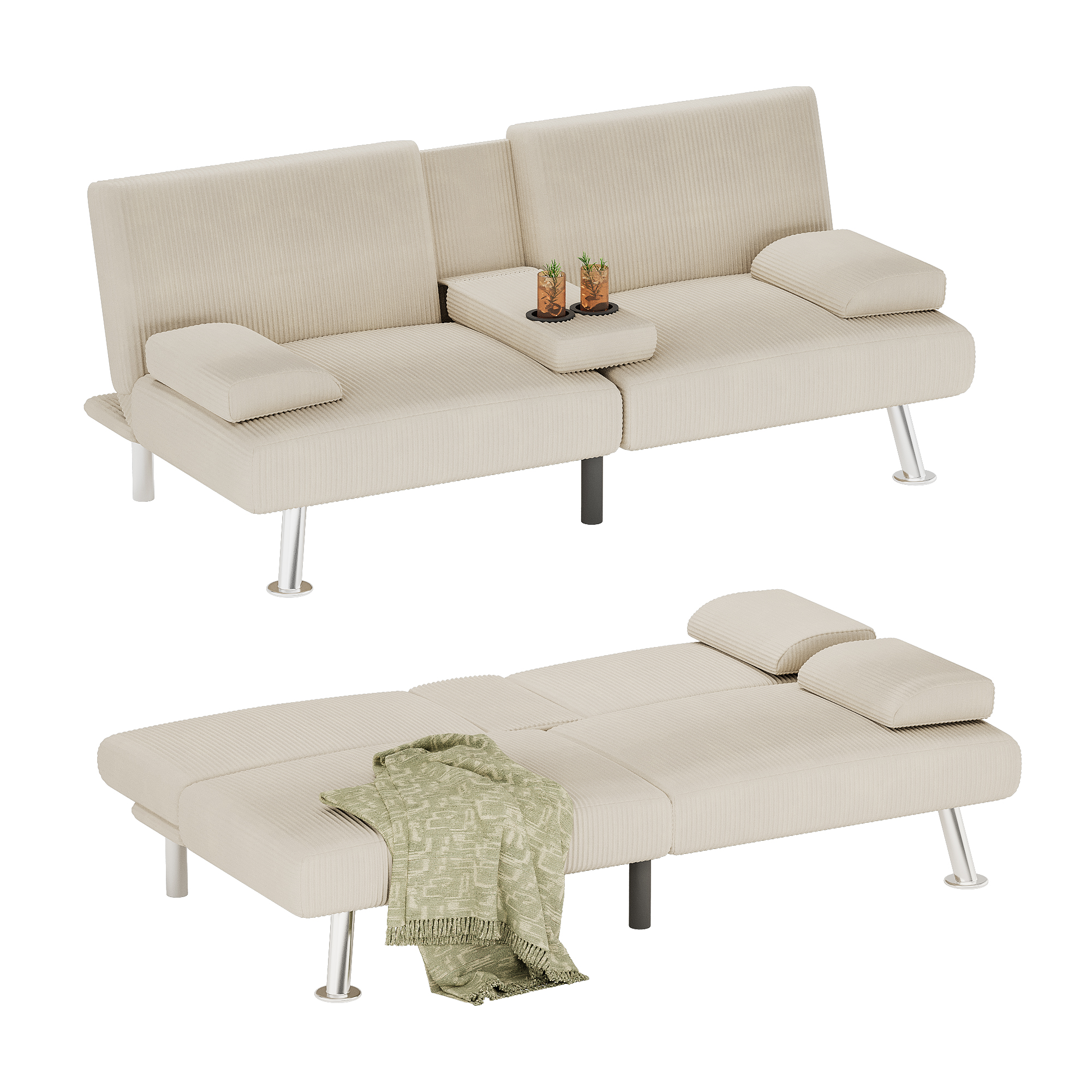 Homall  Futon Sofa Bed with Armrests and Cup Holders,Adjustable Backrest Angles,Convertible bed,Beige