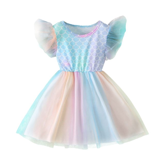 PMVFHDE Robes Filles pour Tout-Petits Robe de Fête avec Manches Volantes pour Danse et Bleu, 5-6 Ans