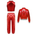 thumbnail image 2 of TiaoBug Kids Girls Metallic Hip Hop Dance Outfits Shiny Crop Top with Bomber Jacket and Pants Set Red 16, 2 of 5